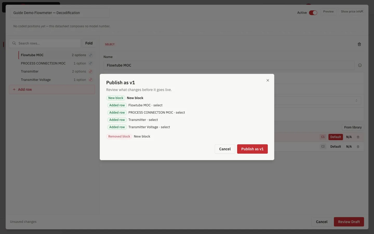 The publish review dialog, listing every row added since the last version
