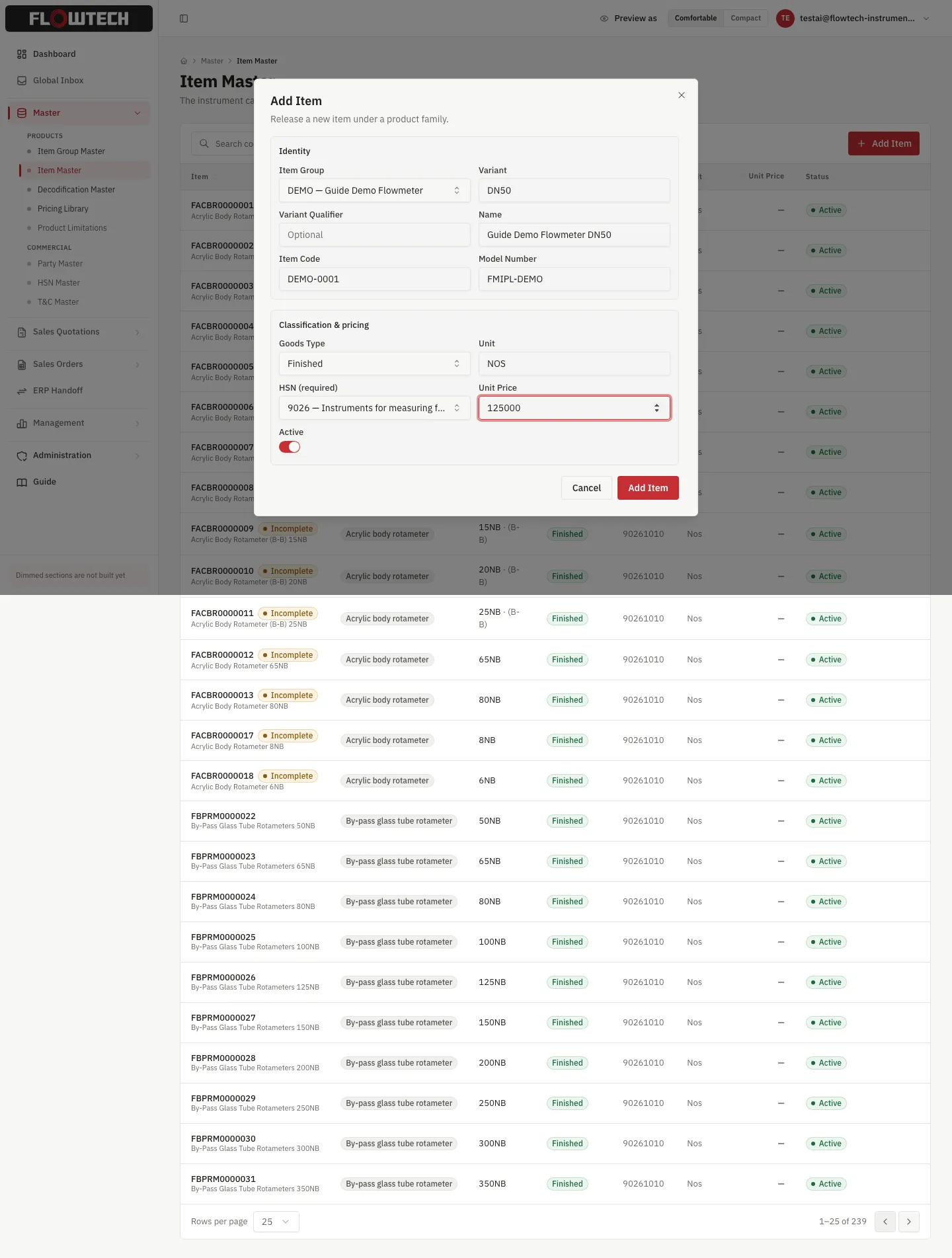 The Add Item dialog, fully filled in for DEMO-0001