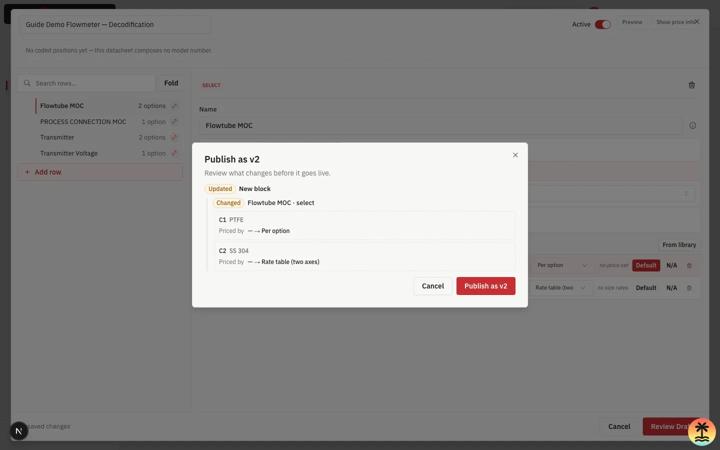The Publish as v2 review dialog, listing both Priced by changes