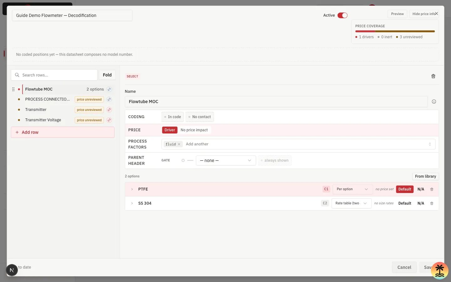 Show price info toggled on: 1 driver, 0 inert, 3 unreviewed rows
